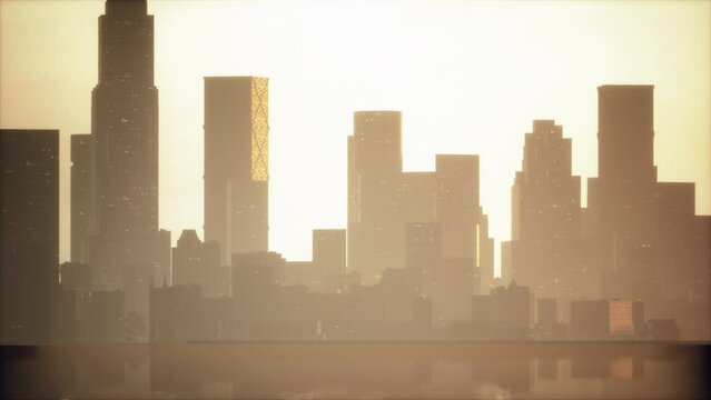 Mystical panoramic view of Business bay with purple sunrise