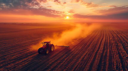 Tractor in the Fields. Farming Landscape