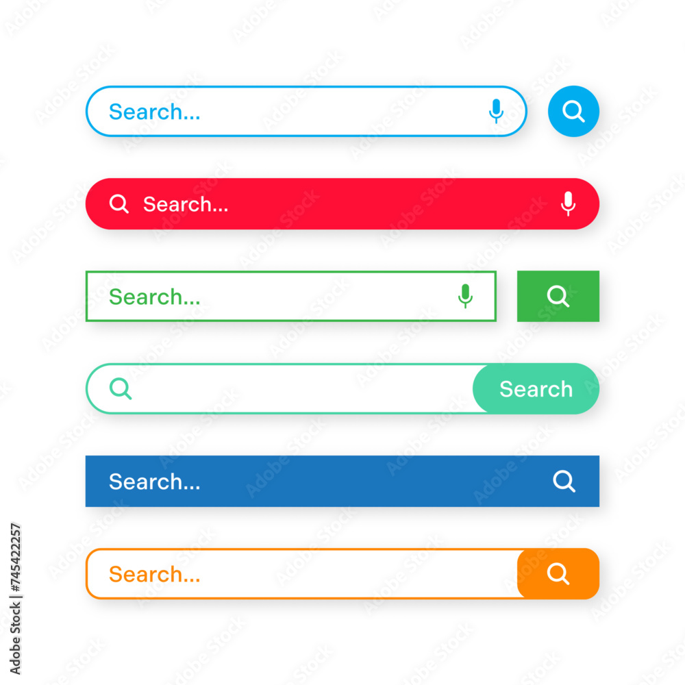 Poster Colorful search bar templates. Internet browser engine with search box, address bar and text field. UI design, website interface element with web icons and push button. Vector illustration