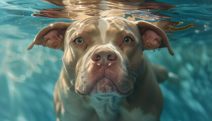 American Pit Bull Terrier diving in swimming pool water during summer extremely hot heats temperatures. Ridiculous cute dog portrait . Lovely pets concept image.