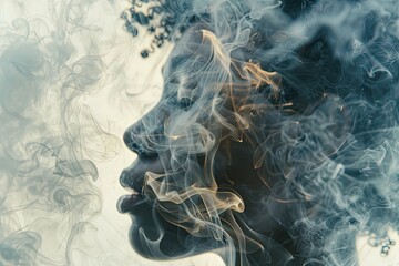 A close-up of a person's profile merged with the texture of swirling smoke in a double exposure