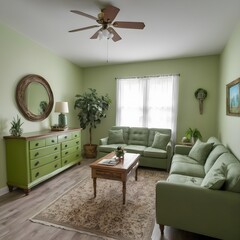 Green decor and furnishings, including a dresser and a couch chair