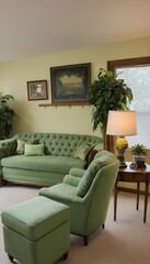 Green decor and furnishings, including a dresser and a couch chair