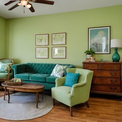 Green decor and furnishings, including a dresser and a couch chair