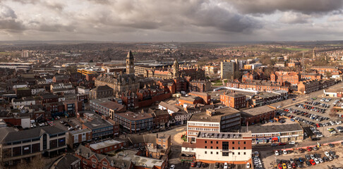 Aerial view Wakefield UK cityscape skyline