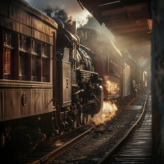 Vintage Steam Train Departing Station at Sunset - obrazy, fototapety, plakaty