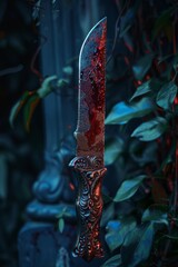 A large knife with a red handle is placed on top of a table. The knife appears to be used and has a grim presence in the setting