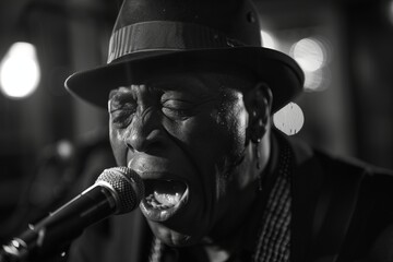 A man wearing a hat is passionately singing into a microphone, pouring his heart out with raw emotion while performing as a blues singer