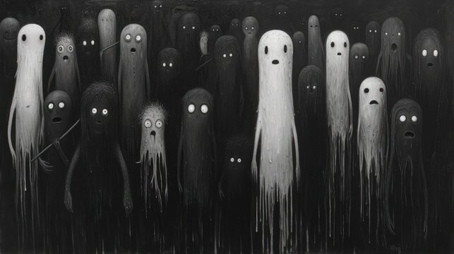  a black and white painting of a group of creepy looking people with long white hair and eyes, standing in front of a group of black and white ghost like figures.