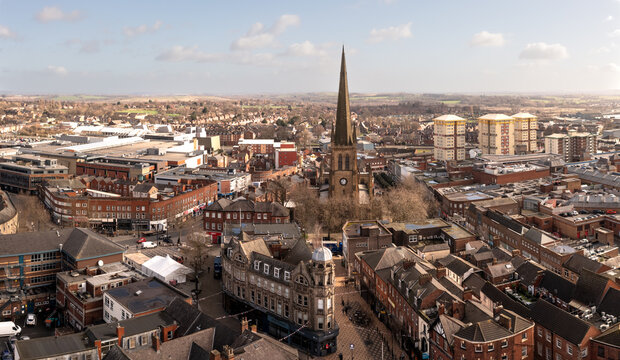 Aerial landscape Wakefield UK cityscape skyline