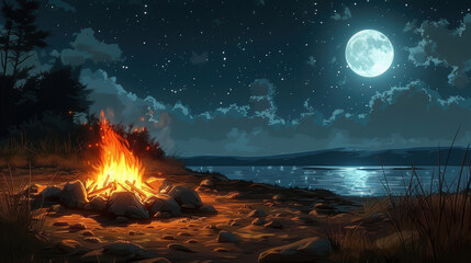 Desert Nights: Fire Pit with Full Moon Overhead - obrazy, fototapety, plakaty