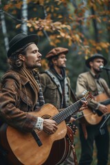A group of men standing next to each other, each holding a guitar. They are likely members of a folk band preparing to play traditional tunes with authentic instruments - obrazy, fototapety, plakaty