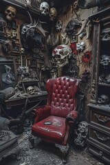 Fototapeta premium The room is filled with numerous skulls displayed as trophies, creating a sinister and eerie atmosphere. Among the skulls stands a lone red chair, starkly contrasting with the morbid surroundings