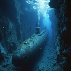 Military submarines dive at the bottom of sea trenches traveling the surface of the seas and oceans to maintain the security of the country. Generative Ai