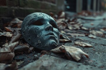 A VetalVit A killers mask is laying on the ground, discarded after a brutal event - obrazy, fototapety, plakaty
