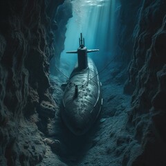 Military submarines dive at the bottom of sea trenches traveling the surface of the seas and oceans to maintain the security of the country. Generative Ai
