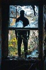 A silhouette of a man standing in a window, framed by broken glass. The man is visible against the light outside, creating a stark contrast