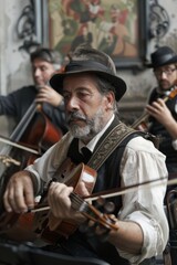 Fototapeta premium A group of men playing various musical instruments in a room. The musicians are energetic and engaged, performing lively Jewish folk tunes as part of a Klezmer band