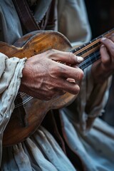 A detailed view of a person skillfully playing a guitar, fingers pressing strings and strumming,...