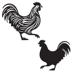 Elegant Hen Silhouette Vector - Minimalistic Poultry Farm Collection, Rural Charm: rooster, Hen and Chicken Outlines - Agriculture Vector Illustrations, Graceful Hen Silhouette, Cock silhouettes
