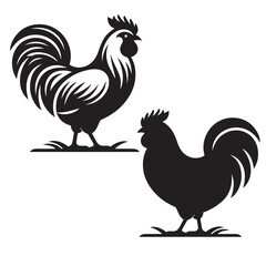 Elegant Hen Silhouette Vector - Minimalistic Poultry Farm Collection, Rural Charm: rooster, Hen and Chicken Outlines - Agriculture Vector Illustrations, Graceful Hen Silhouette, Cock silhouettes