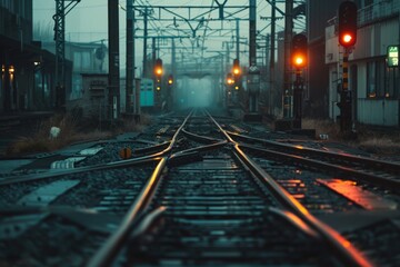 A railway switch positioned on a train track, activating red lights to signal an oncoming train. The lights are alerting nearby individuals of the trains presence and ensuring safety along the track - obrazy, fototapety, plakaty
