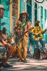 A group of men, members of the VetalVit A reggae band, playing instruments on a city street. They...