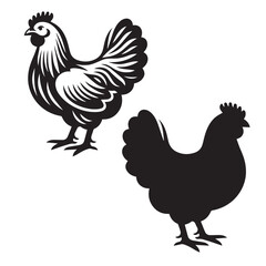 Elegant Hen Silhouette Vector - Minimalistic Poultry Farm Collection, Rural Charm: rooster, Hen and Chicken Outlines - Agriculture Vector Illustrations, Graceful Hen Silhouette, Cock silhouettes