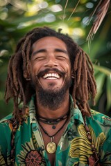 A man with dreadlocks smiles while wearing a green shirt. He exudes a sense of happiness and...