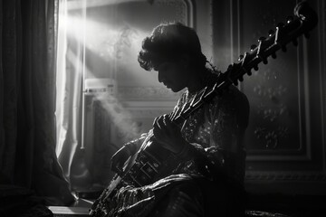 A woman is sitting in a dark room, playing a guitar. She is focused on her music, filling the air with the sounds of her instrument - obrazy, fototapety, plakaty