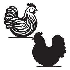 Elegant Hen Silhouette Vector - Minimalistic Poultry Farm Collection, Rural Charm: rooster, Hen and Chicken Outlines - Agriculture Vector Illustrations, Graceful Hen Silhouette, Cock silhouettes