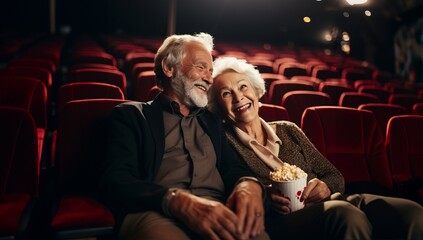 An elderly romantic couple sits together in a cinema, sharing popcorn and watching a love story film, enjoying each other's company and the warmth of the moment.