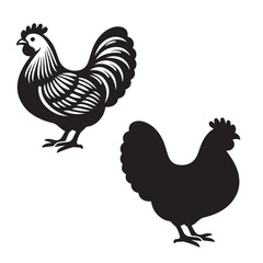 Elegant Hen Silhouette Vector - Minimalistic Poultry Farm Collection, Rural Charm: rooster, Hen and Chicken Outlines - Agriculture Vector Illustrations, Graceful Hen Silhouette, Cock silhouettes
