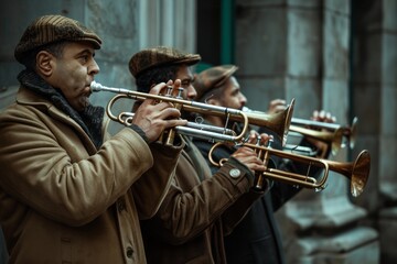 A street brass quartet playing bold and brassy tunes with trumpets and trombones, their music...