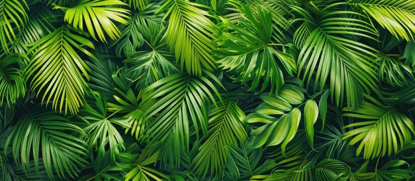The image showcases a close-up view of vibrant green palm leaves, creating a refreshing and decorative background. The leaves are tightly packed together, displaying their unique textures and shades