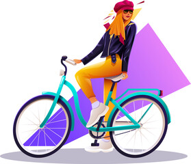 fashionable girl on a bicycle wearing glasses, vector illustration