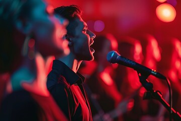 A man is standing on stage with a microphone in hand, singing passionately as he captivates the audience in front of him. The crowd watches attentively as he showcases his talent