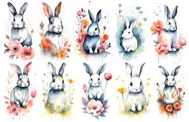 Cute baby rabbit, woodland animal nursery watercolor illustration set. Illustration for children. Nursery posters