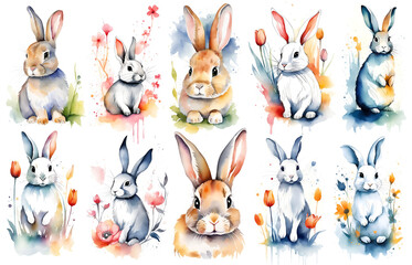 Cute baby rabbit, woodland animal nursery watercolor illustration set. Illustration for children. Nursery posters