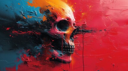 Vibrant Skull Art, Colorful Skeleton Painting, Bold and Bright Skull Portrait, Eye-catching Skull Mural.