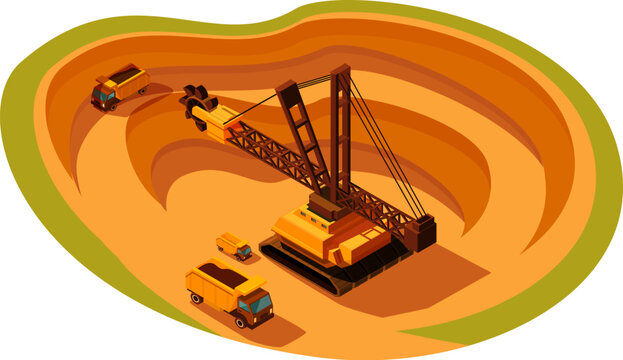 isometric quarry with huge excavator and machines, vector illustration