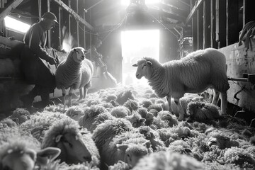 A group of sheep are gathered inside a barn, standing in close proximity to each other. The animals...