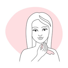 Girl applying spf cream on neck. Solar protective cream, body skin care line vector illustration