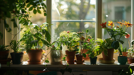 Um arranjo de plantas vibrantes banhadas pela suave luz natural em um parapeito ensolarado