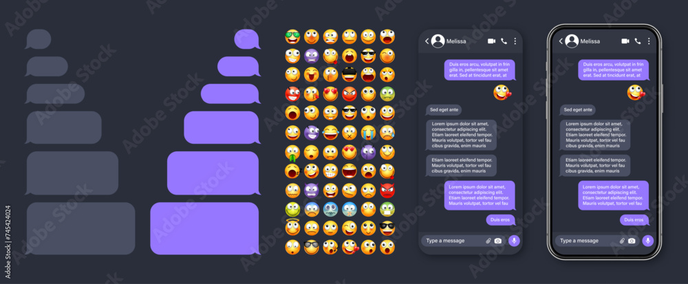 Aufkleber smartphone messaging app, user interface with emoji. sms text frame. chat screen, violet message bub