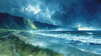 Stormy Artistry: Watercolor Set on a Seaside Cliff - obrazy, fototapety, plakaty