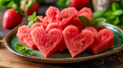 Naklejka na ściany i meble Watermelon slices creatively cut into heart shapes