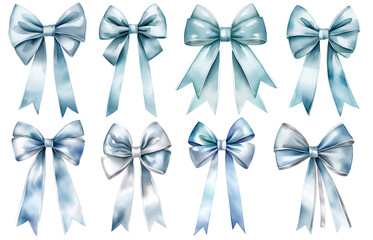 Big set of blue gift bows with ribbons. Watercolor illustrations set isolated on white background