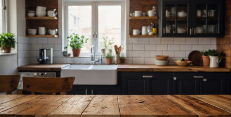 Fototapeta na wymiar Wooden surface with blurred kitchen wallpaper
