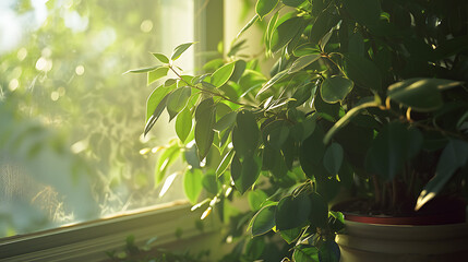 Planta verde exuberante iluminada pela suave luz natural em um parapeito de janela - obrazy, fototapety, plakaty